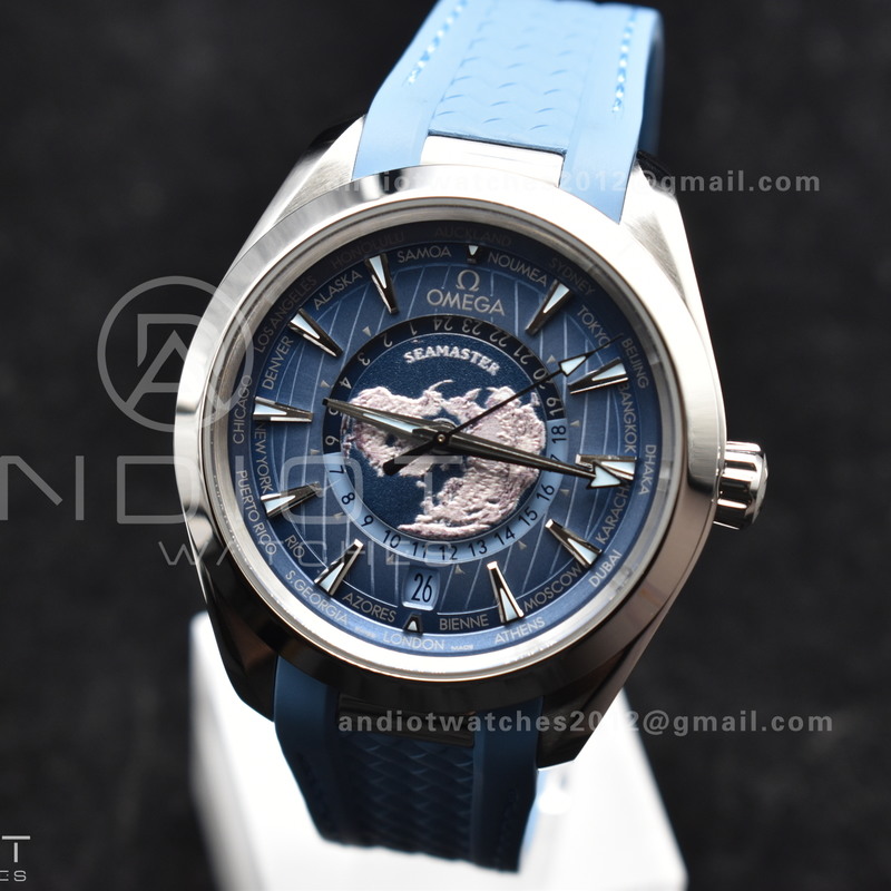 Aqua Terra GMT Worldtimer 43mm VSF 1:1 Best Edition Summer Blue Dial on Blue Rubber Strap A8938 Super Clone